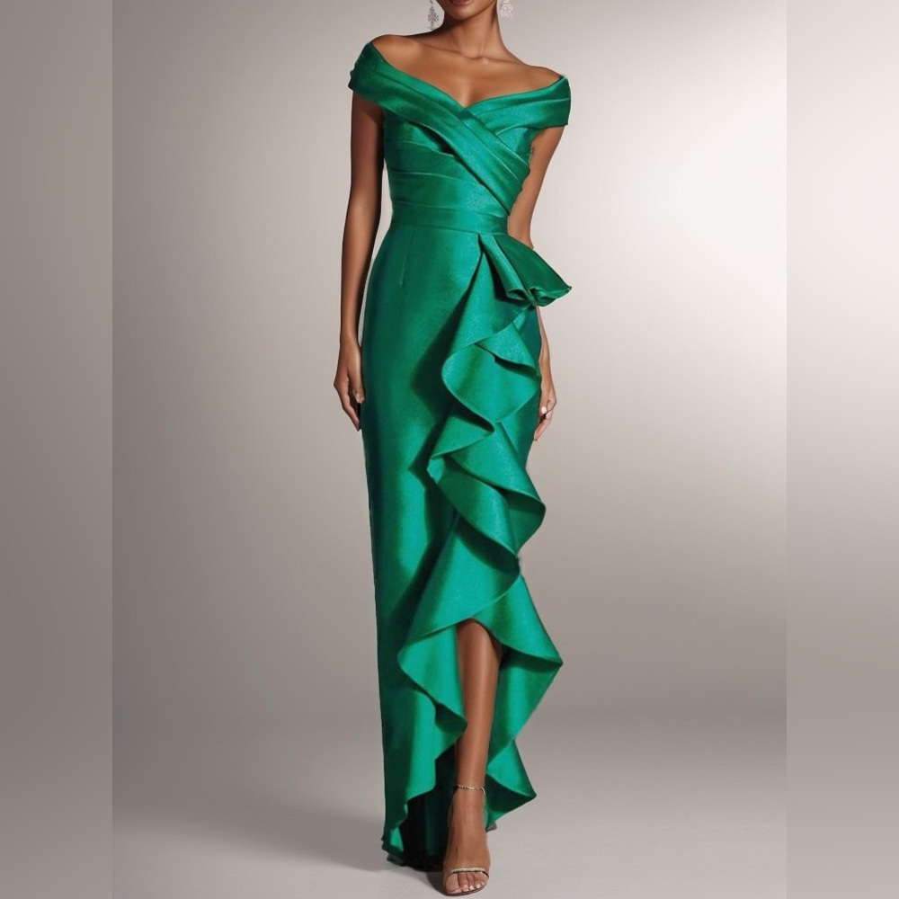 Fehaute Green Ruffled Off The Shoulder Sheath Maxi Dress